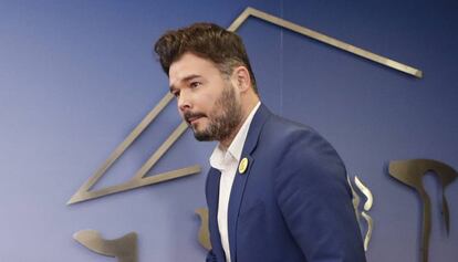 El portavoz de ERC en el Congreso, Gabriel Rufián, durante una rueda de prensa.