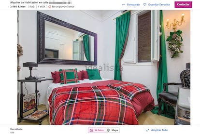 Imagen del anuncio en el portal inmobiliario de la segunda habitación de alquiler más cara de Madrid. 