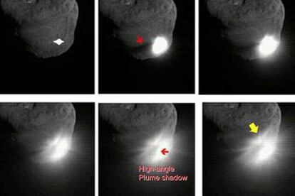 Secuencia de la eyección, causada por el impacto, del material interior del cometa Tempel 1, grabado por la nave que lanzó el proyectil.