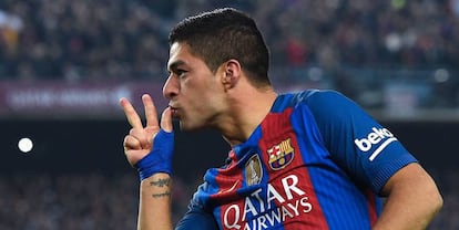 Suárez festeja su gol al Madrid de esta temporada.