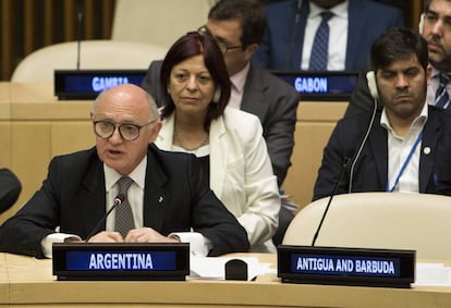 El excanciller Héctor Timerman durante su intervención en la reunión del G 77 en Nueva York, en septiembre de 2015.