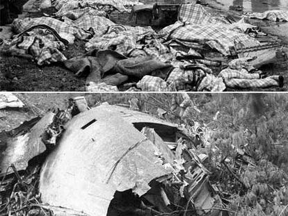 Arriba, cadáveres tapados con mantas junto a los restos del aparato siniestrado en el accidente registrado en Barajas el 7 de diciembre de 1982. Abajo, los equipos de rescate, junto al avión que se estrelló en el monte Oiz (Vizcaya) el 19 de febrero de 1985