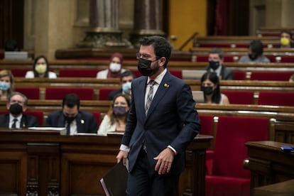 El presidente de la Generalitat, Pere Aragonès, durante la sesión de control del Parlament catalán, este miércoles.