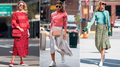 Falda midi + jersey de manga larga

A pesar de que las estamos viendo en cualquier estación, las faldas por debajo de la rodilla son perfectas para los días de temperaturas medias. De cara al otoño basta con combinarlas con un top de manga larga y calzado cerrado (si son zapatillas, mejor).