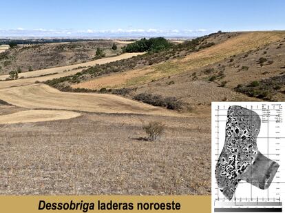 Área de enterramientos en fosa al pie del 'oppidum' y abajo a la derecha, magnetograma parcial de Dessobriga.