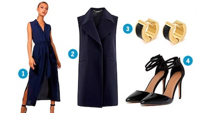 1. Vestido de Boohoo 2. Chaleco, de Amazon 3. Pendientes que puedes encontrar en Amazon 4. Zapatos con pulsera tobillera, en Asos