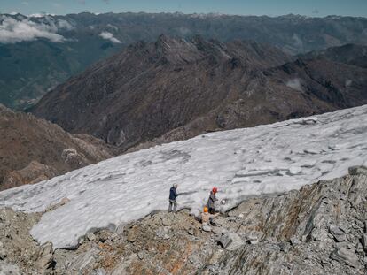 Scientist Barbara Huber takes samples from La Corona glacier in Mérida, Venezuela.