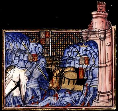 Miniatura medieval de la batalla de Montiel con las tropas de Pedro I refugiándose en el castillo.