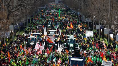 Tractores y personas a pie de la protesta agrícola convocada en la ciudad de Madrid.