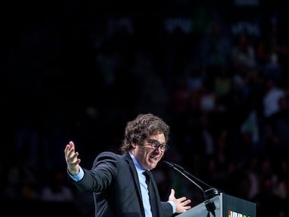 El presidente argentino, Javier Milei, en un momento de su intervención el domingo en el acto de Vox en Madrid.