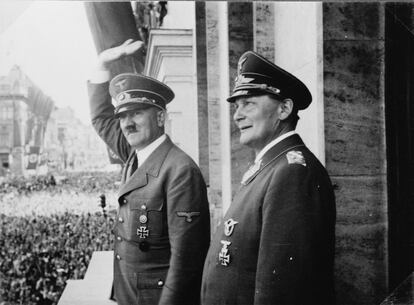 Picture shows: Hitler at the zenith of his charismatic power: with Goering on the balcony at a Victory Parade in Berlin, July 1940, after invasion of France