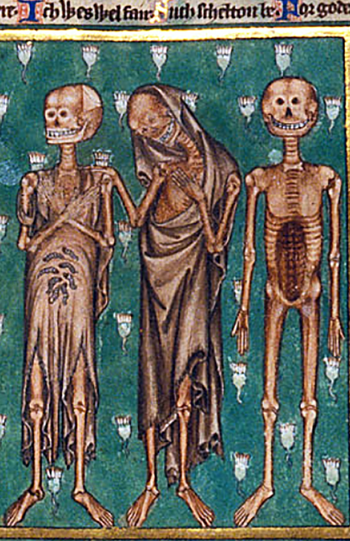 Los tres muertos del 'Encuentro de los tres vivos y los tres muertos', miniatura del ‘Salterio de Robert de Lisle’, hacia 1310.