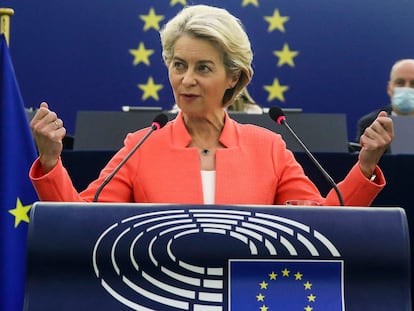 Von der Leyen, en un momento de su intervención durante el debate sobre el Estado de la Unión, este miércoles en Estrasburgo.