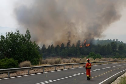 Un bombero cerca del incendio forestal de Xerta, este martes.