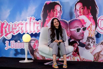 Rosalía during a press conference in Mexico City.