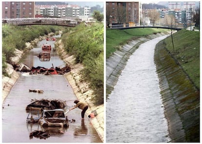 Una mujer hace la colada en las aguas del río Dobrinja, en Sarajevo, cerca del frente en agosto de 1993. En la actualidad, el cauce limpio del mismo rio.