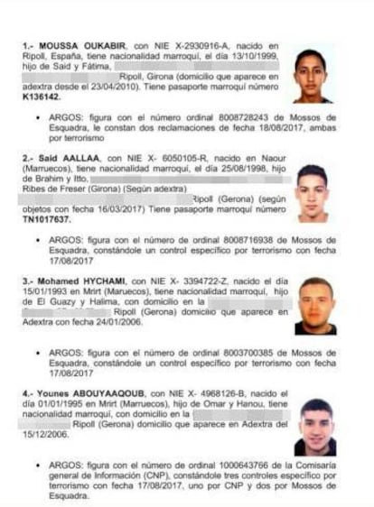 Informe con las fichas policiales de los cuatro sospechosos. El último es Younes Abouyaaqoub.