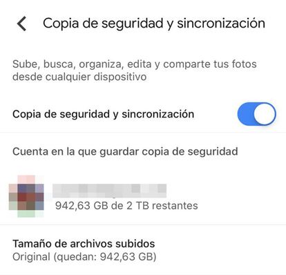 Copia de seguridad activada en Google Fotos.