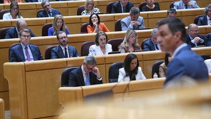 El presidente del PP, Alberto Núñez Feijóo, a la izquierda; y el presidente del Gobierno, Pedro Sánchez, a la derecha; durante su cara a cara más reciente en el Senado la semana pasada.