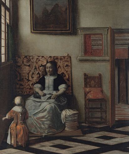 Pieter Hendricksz de Hooch, 'Interior com uma mulher costurando e uma criança' (1662-1668), óleo sobre tela.