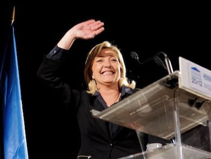 Marine Le Pen el lunes en un mitin de campa&ntilde;a en Pas-de-Calais