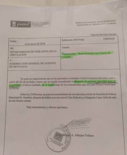 Orden interna de los agentes de movilidad a raíz de los disturbios registrados en Lavapiés.