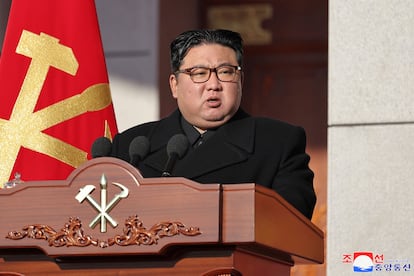 In this photo provided by the North Korean government, its leader Kim Jong-un speaks during an event for the 76th founding anniversary of the country's army at the defense ministry in North Korea, Thursday, Feb. 8, 2024.