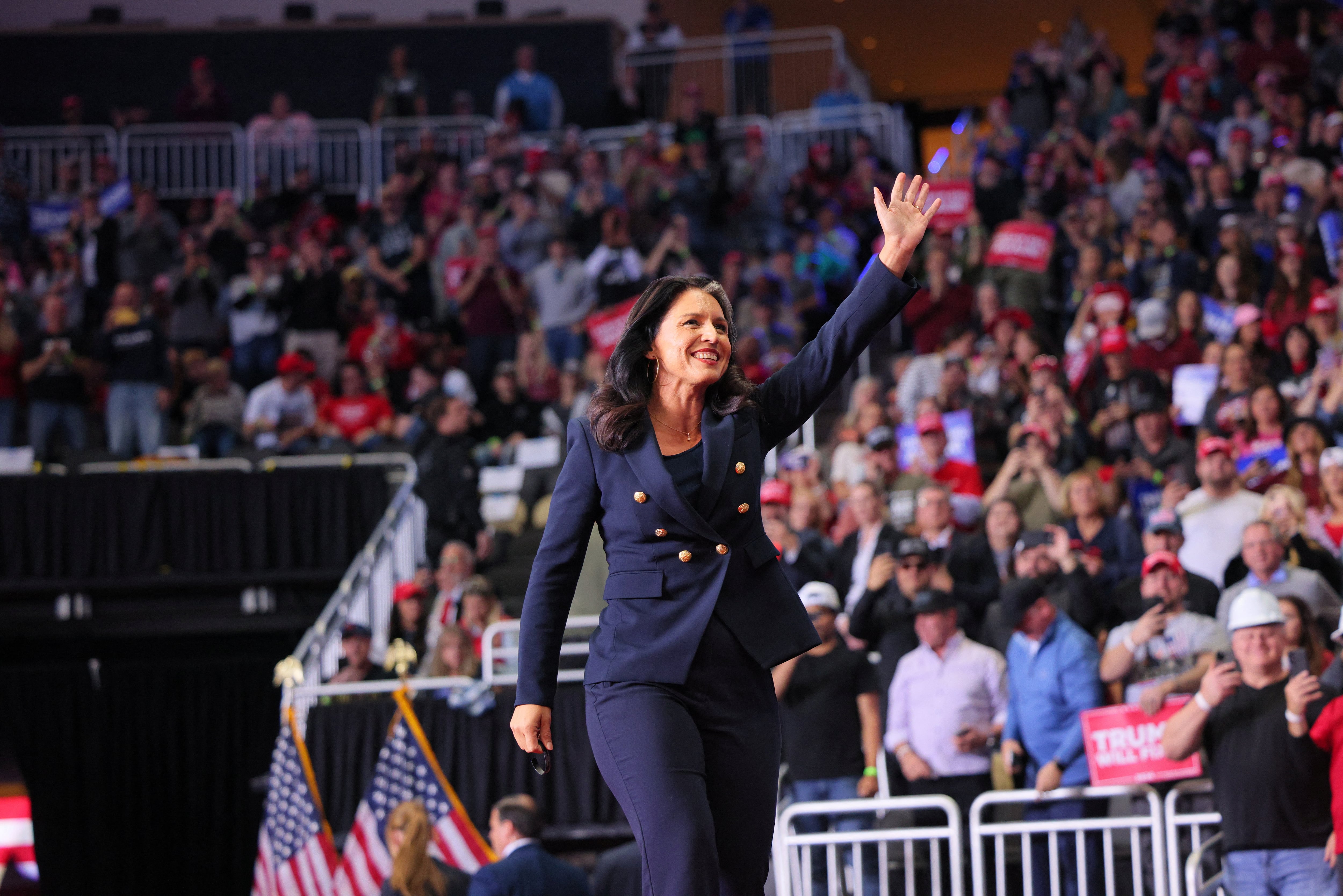 Former U.S. Rep. Tulsi Gabbard attends a campaign rally of Republican presidential nominee and former U.S. President Donald Trump at PPG Paints Arena in Pittsburgh, Pennsylvania, U.S., November 4, 2024. REUTERS/Brian Snyder