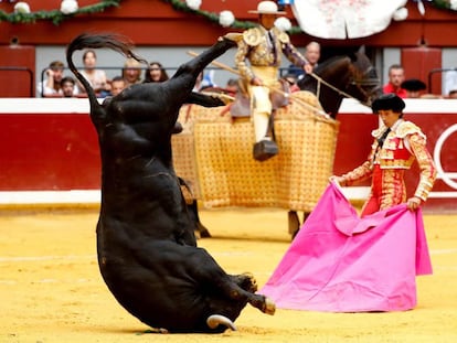 Vuelta de campana del primer toro de la tarde, antes de entrar al caballo.