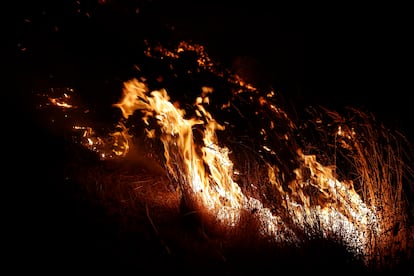 Llamas en el incendio de Augasmestas, entre Pobra do Brollón y Quiroga, este martes.  