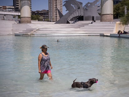 El estanque artificial del parque de la España Industrial, uno de los refugios climáticos del Ayuntamiento de Barcelona, en una imagen de archivo.