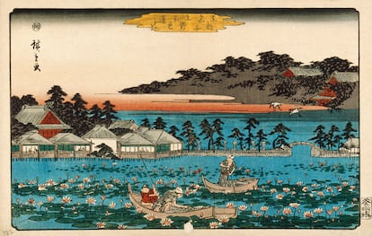Grabado del siglo XIX que refleja el estanque Shinobazu, en Tokio, donde los ciudadanos se reunían para oír el crujido de los brotes de loto.