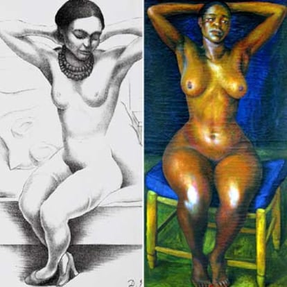 A la izquierda, litografía <i>Desnudo de Frida Kahlo (</i>1930), en la que el artista retrata a la que fuera su tercera esposa y el gran amor de su vida. A la derecha, <i>Bailarina en reposo (</i>1939), óleo en el que retrata desnuda a la bailarina cubano-norteamericana Model Boss, destacando la belleza exuberante de su cuerpo.