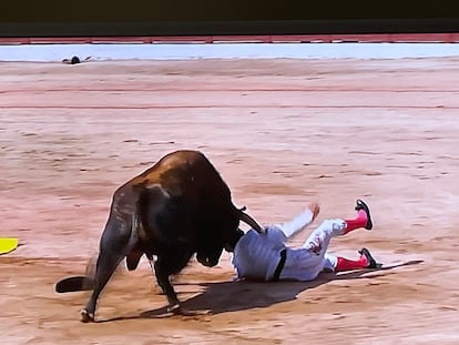 Juan del Álamo, espectacularmente volteado por el primer toro de la tarde.