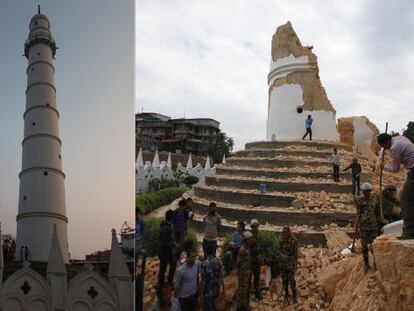 A torre Dharahara antes do terremoto, à esquerda, e depois, à direita.