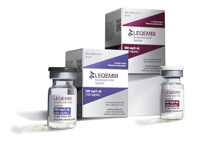 This image provided by Eisai in January 2023 shows vials and packaging for their medication, Leqembi