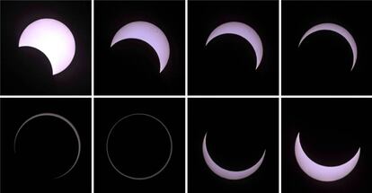 Combinación de imágenes que muestran el eclipse solar anular de inicio a fin, visto desde la isla del Océano Índico de La Reunión.