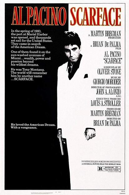 Scarface (1983), también conocida como 'El precio del poder', es una película que narra el ascenso y la caída de un refugiado cubano que triunfa como narcotraficante al que da vida Al Pacino. Dirigida por Brian de Palma sobre un guion de Oliver stone, guarda grandes similitudes con la cinta de Howard Hawks de 1932, de idéntico nombre. Scarface era uno de los sobrenombres de Al Capone.