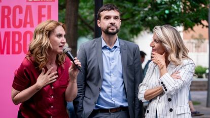 La lÃ­der de Sumar, Yolanda DÃ­az (derecha), junto con la cabeza de lista de Sumar a las europeas, Estrella GalÃ¡n (izquierda), en un acto en AlcorcÃ³n.