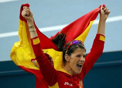 Ruth Beitia celebrates after winning bronze in Moscow.