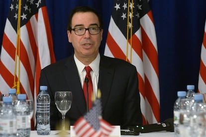 O secretário do Tesouro dos EUA, Steven Mnuchin, durante encontro com a imprensa.