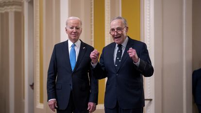 President Joe Biden and Senate Majority Leader Chuck Schumer talk to reporters at the Capitol in Washington, on Thursday, March 2, 2023.