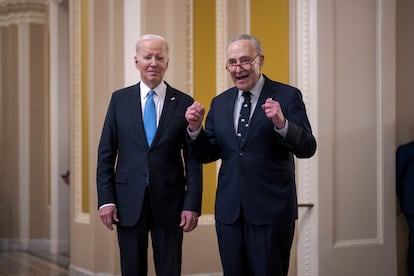 President Joe Biden and Senate Majority Leader Chuck Schumer talk to reporters at the Capitol in Washington, on Thursday, March 2, 2023.