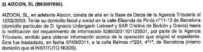 Documento  en el que consta el traslado de  la sociedad Aizoon desde Pedralbes  a la sede del Instituto Nóos.