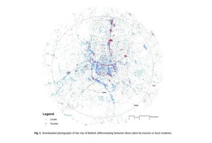 Mapa de calor con las zonas más fotografiadas en Madrid por turistas y residentes en la capital. En rojo las fotos de turistas.