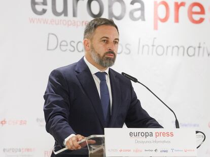El presidente de Vox y candidato a las elecciones generales, Santiago Abascal, intervenía el martes durante un desayuno informativo de Europa Press en Madrid.