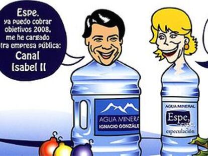 Esperanza Aguirre e Ignacio González, caricaturizados como botellas de agua.
