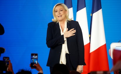 La líder del partido de extrema derecha francés Reagrupamiento Nacional, Marine Le Pen, el pasado 24 de abril en París.