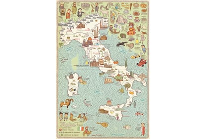 Cada mapa incluye miniaturas de monumentos característicos, curiosidades, animales, platos típicos y personajes históricos relevantes. En Italia están dibujados el Coliseo romano, los coches Ferrari y el lobo itálico.