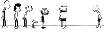 De derecha a izquierda Greg, sus dos amigos (Rowley y Fregley), sus hermanos (Rodrick y Manny) y sus padres. Ilustración de Jeff Kinney.